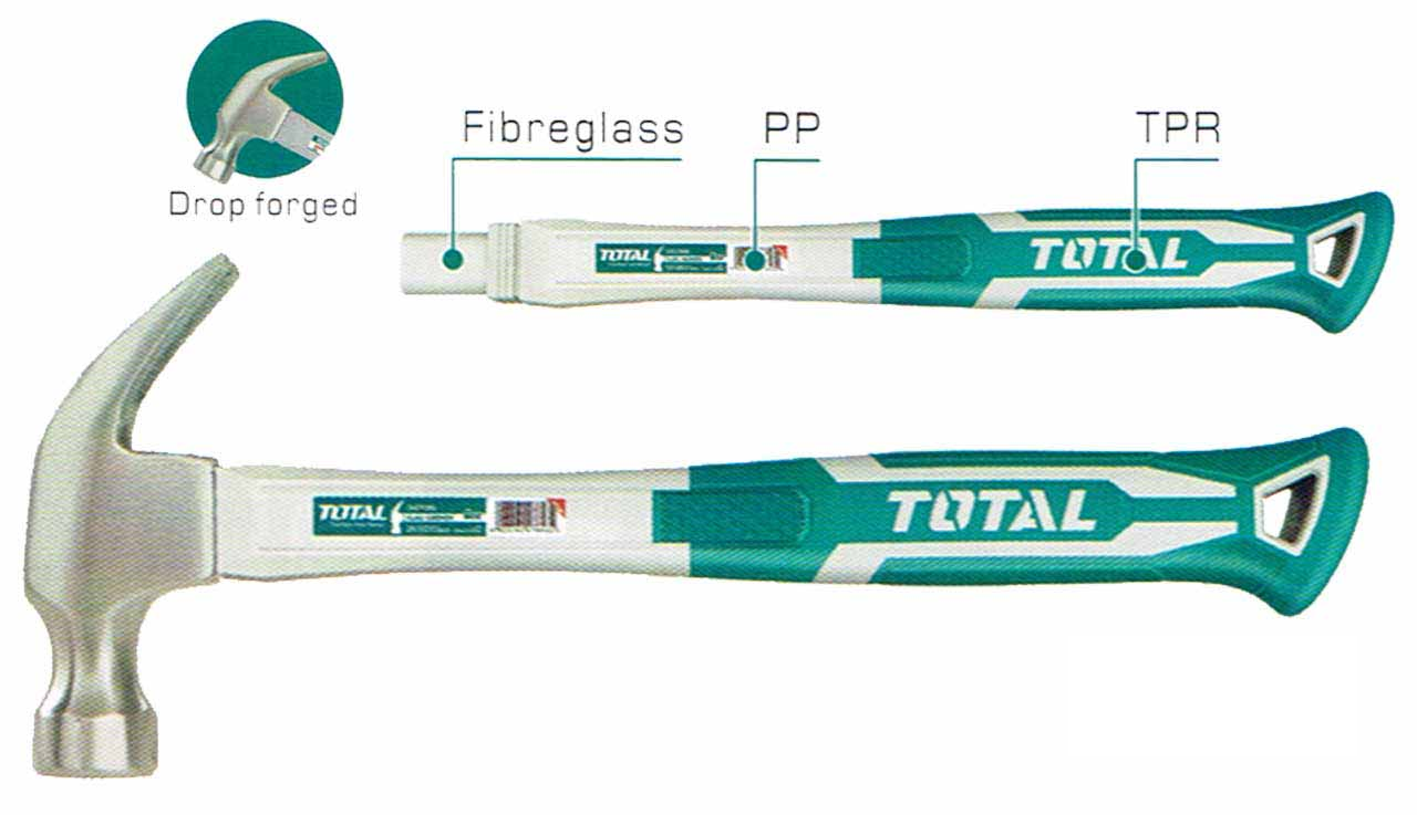 TOTAL THT7386 Claw Hammer, 8oz (220g), Fiberglass Handle, TPR Grip | Model: THT7386