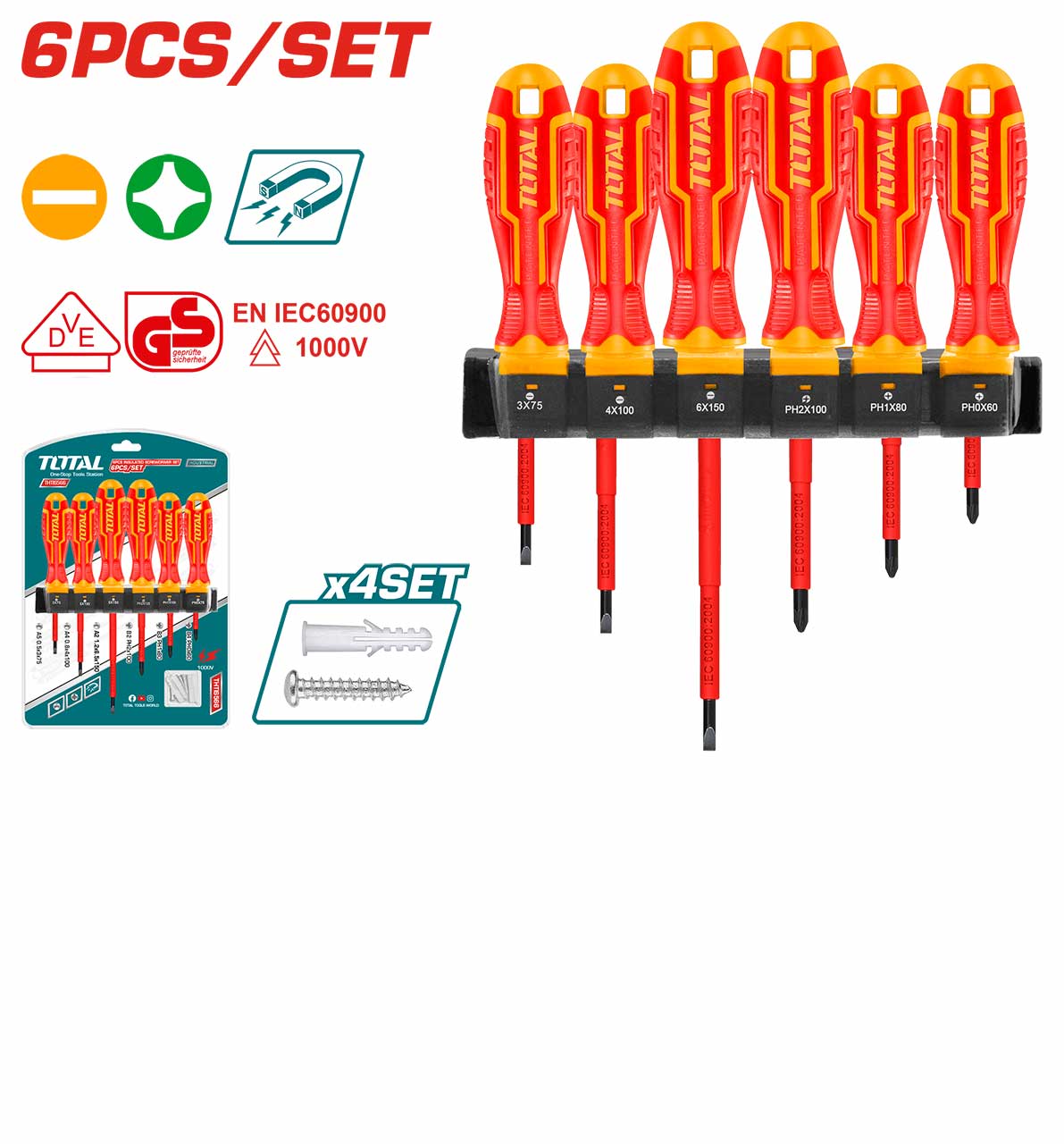 TOTAL THTIS566 6 Pcs Insulated Screwdriver Set | 1000V VDE Approved | Cr-V Steel | Industrial | Model: THTIS566_img_1