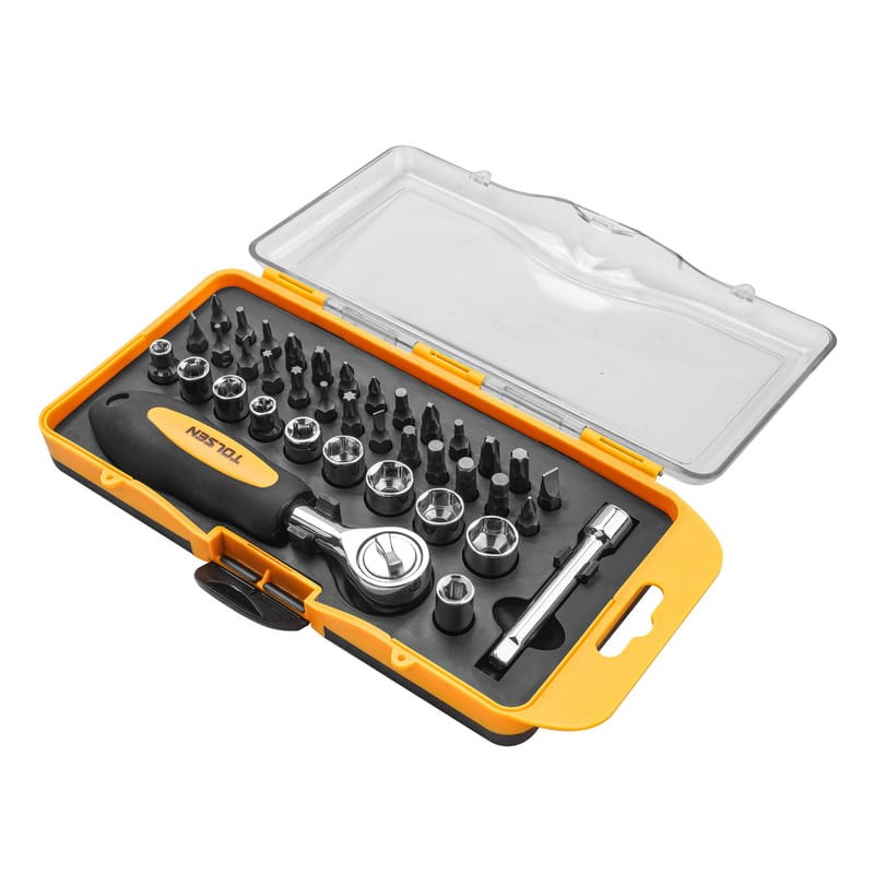 TOLSEN 20035 38Pcs Bit & Ratchet Socket Set | 1/4" Drive | Cr-V Bits | TPR Handle | Plastic Case | Model: 20035_img_1
