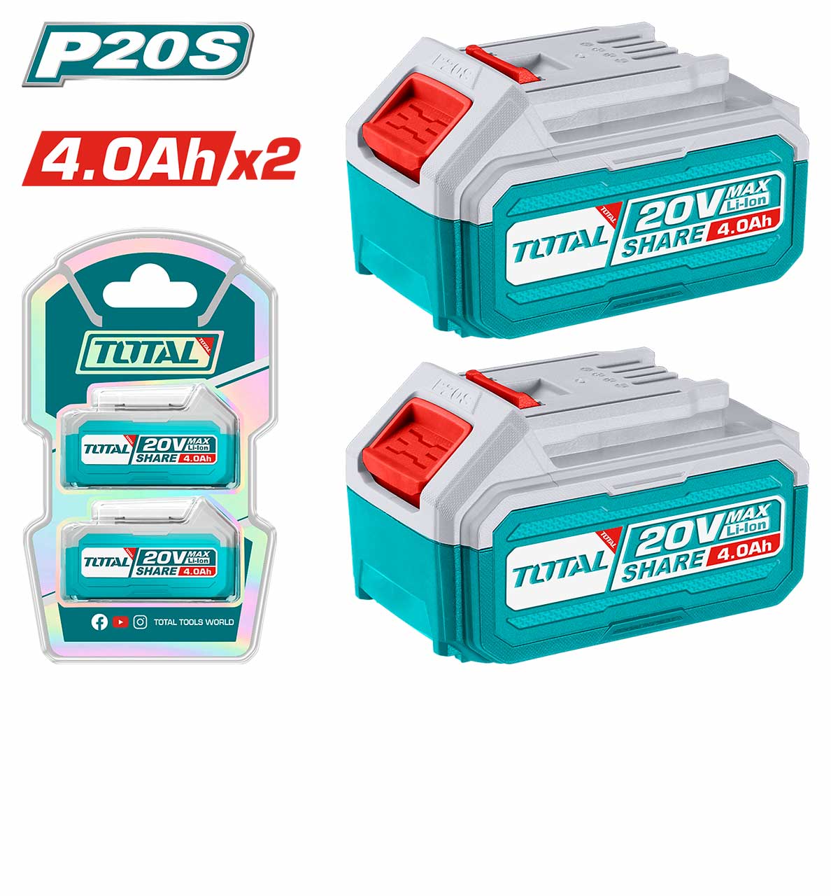 TOTAL TOSLI240312 Li-ion Battery Kit, 20V, 2 × 4.0Ah Batteries | Industrial | Model: TOSLI240312
