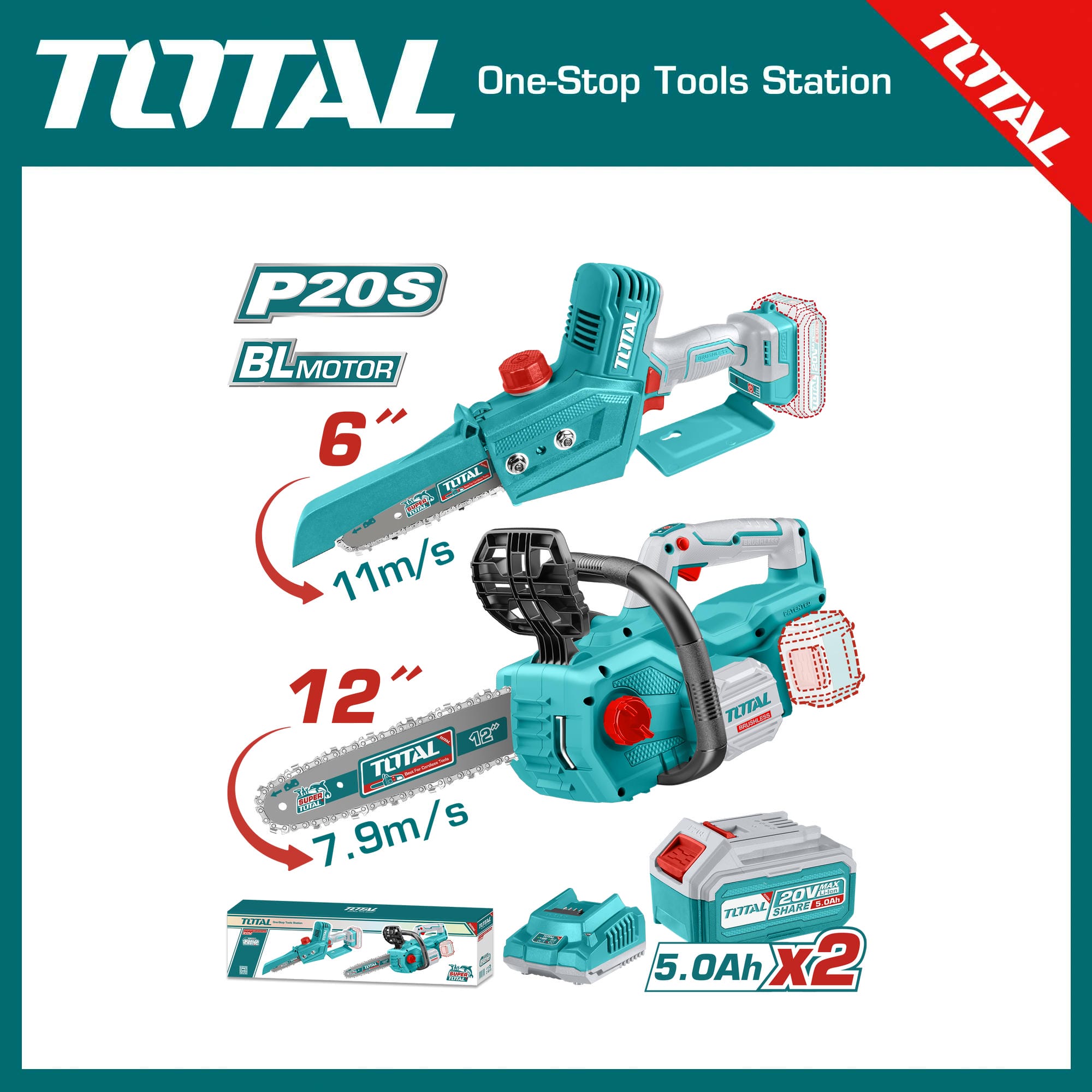 TOTAL Cordless 2 Pcs Chain Saw Combo Kit | 20V | 2 × 5.0Ah Batteries | 6" & 12" Brushless Chain Saws | Model: TOSLI240788