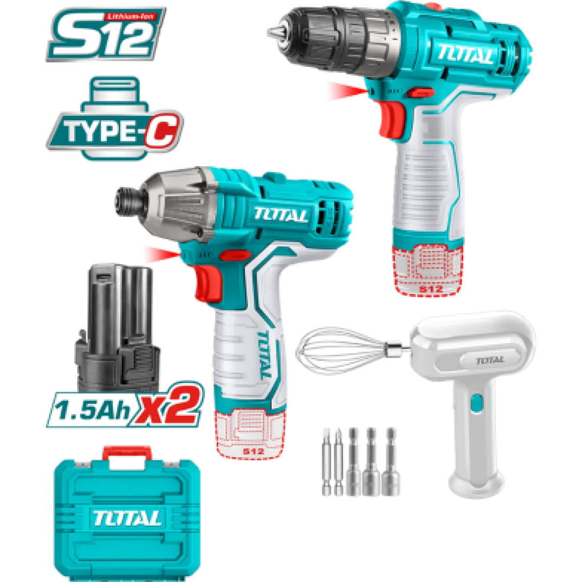 TOTAL TOSLI240205 Cordless 3 Pcs Combo Kit | 12V | Drill + Impact Driver + Hand Mixer | 2 × 1.5Ah USB-C Batteries | Model: TOSLI240205
