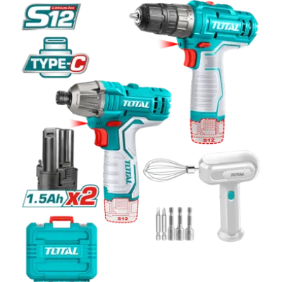 TOTAL TOSLI240205 Cordless 3 Pcs Combo Kit | 12V | Drill + Impact Driver + Hand Mixer | 2 × 1.5Ah USB-C Batteries | Model: TOSLI240205_img_0