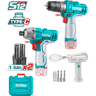TOTAL TOSLI240205 Cordless 3 Pcs Combo Kit | 12V | Drill + Impact Driver + Hand Mixer | 2 × 1.5Ah USB-C Batteries | Model: TOSLI240205