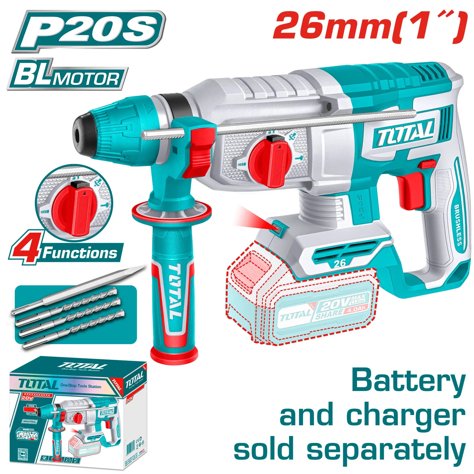 TOTAL TRHLI20268 Li-ion Rotary Hammer | 20V | Brushless Motor | SDS Plus | 2.0J Impact Energy | Tools Only | Model: TRHLI20268_img_0