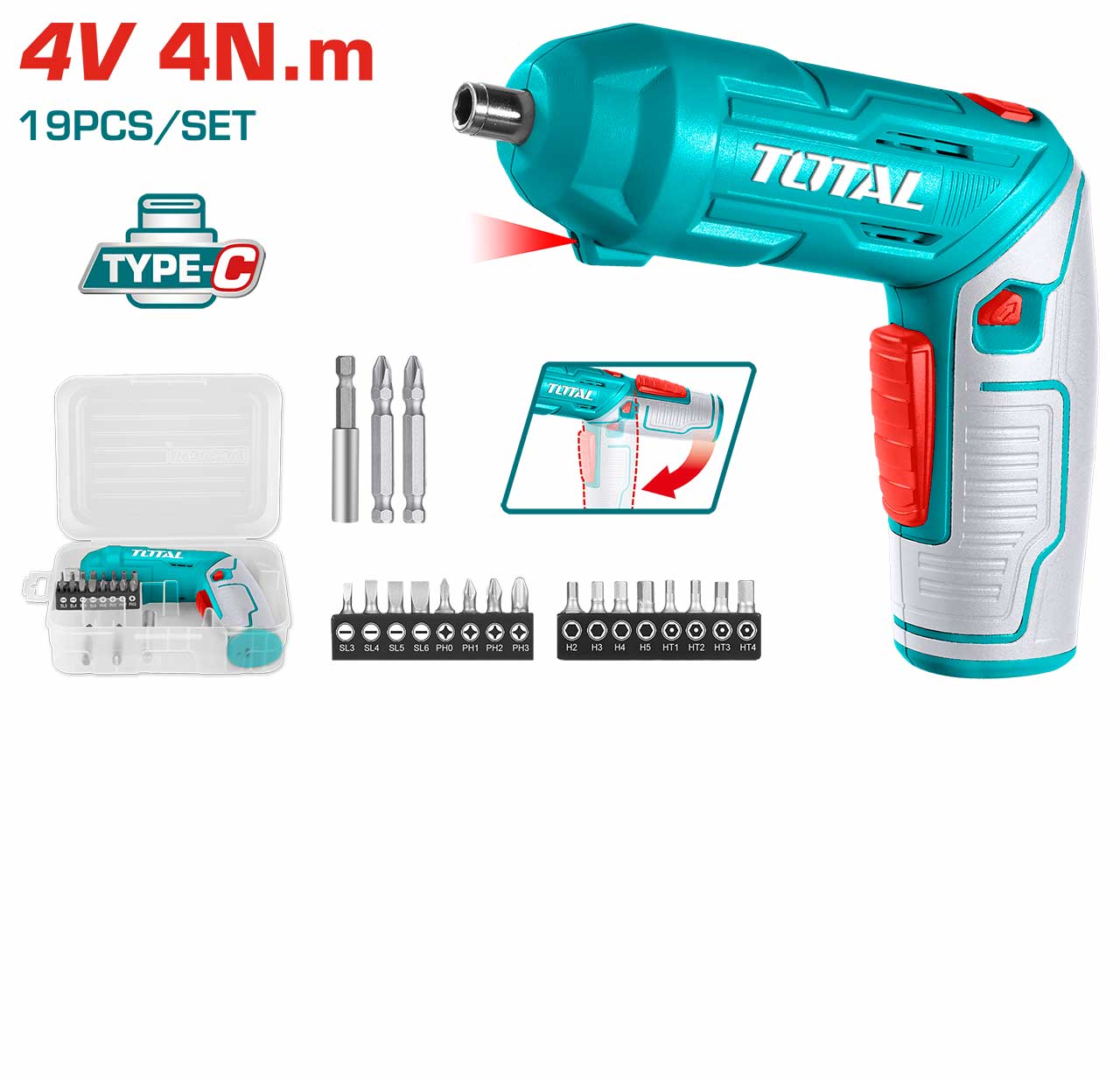 TOTAL TSDLI0442 Li-ion Cordless Screwdriver, 4V, 4Nm Torque, 2 Positions Adjustable Handle | USB-C Charging | Model: TSDLI0442_img_1