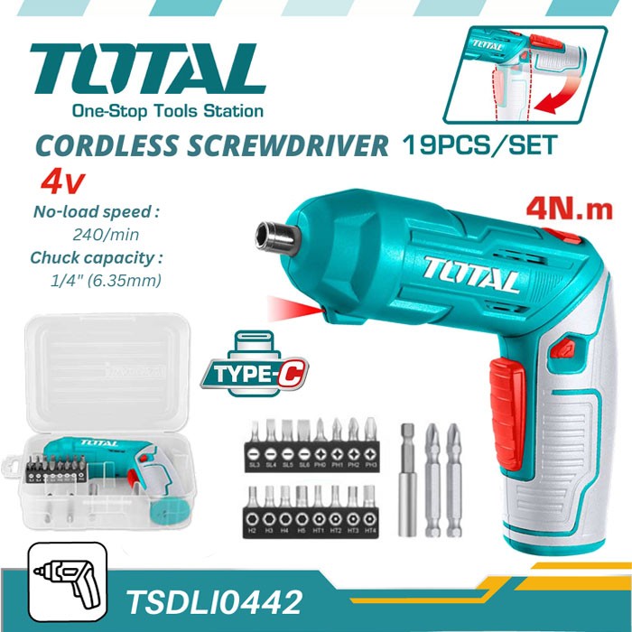 TOTAL TSDLI0442 Li-ion Cordless Screwdriver, 4V, 4Nm Torque, 2 Positions Adjustable Handle | USB-C Charging | Model: TSDLI0442_img_0