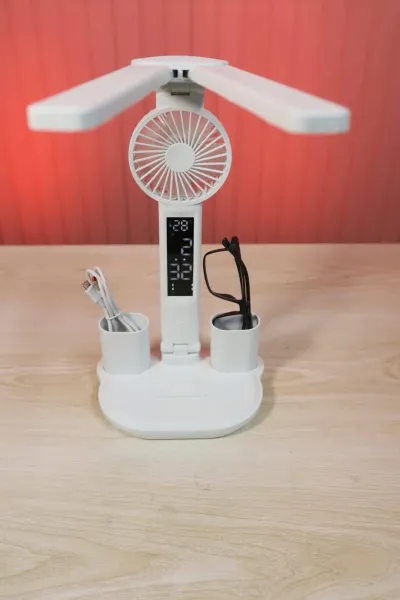 3in1 Multifunction Table Lamp LED Four-headed Folding With Fan Calendar Clock USB Rechargeable Desk light 3 color Reading Lamp_img_5