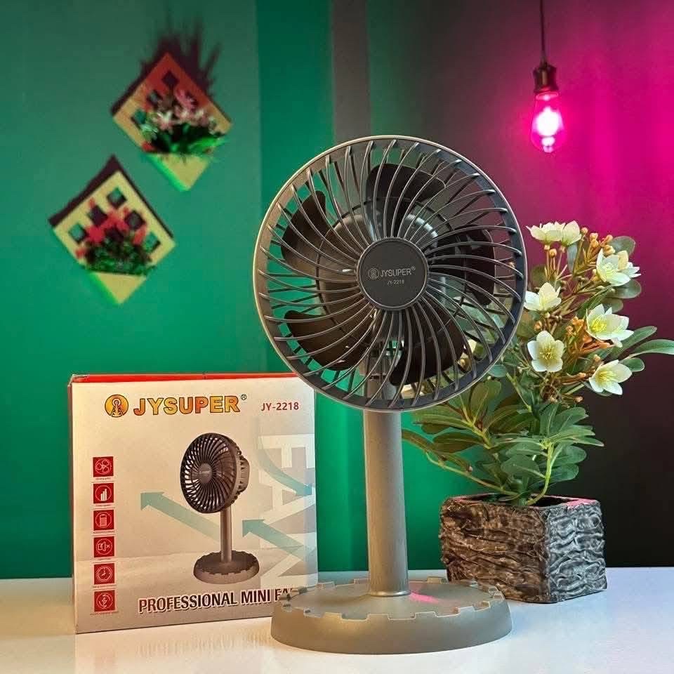 Jy Super JY-2218 Professional Rechargeable Portable Mini Table Fan Strong Wind Left to Right Oscillating Angle 45 Degrees - AC/DC