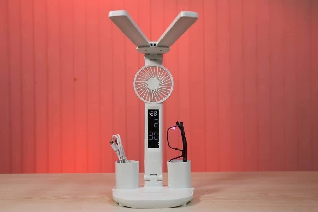 3in1 Multifunction Table Lamp LED Four-headed Folding With Fan Calendar Clock USB Rechargeable Desk light 3 color Reading Lamp
