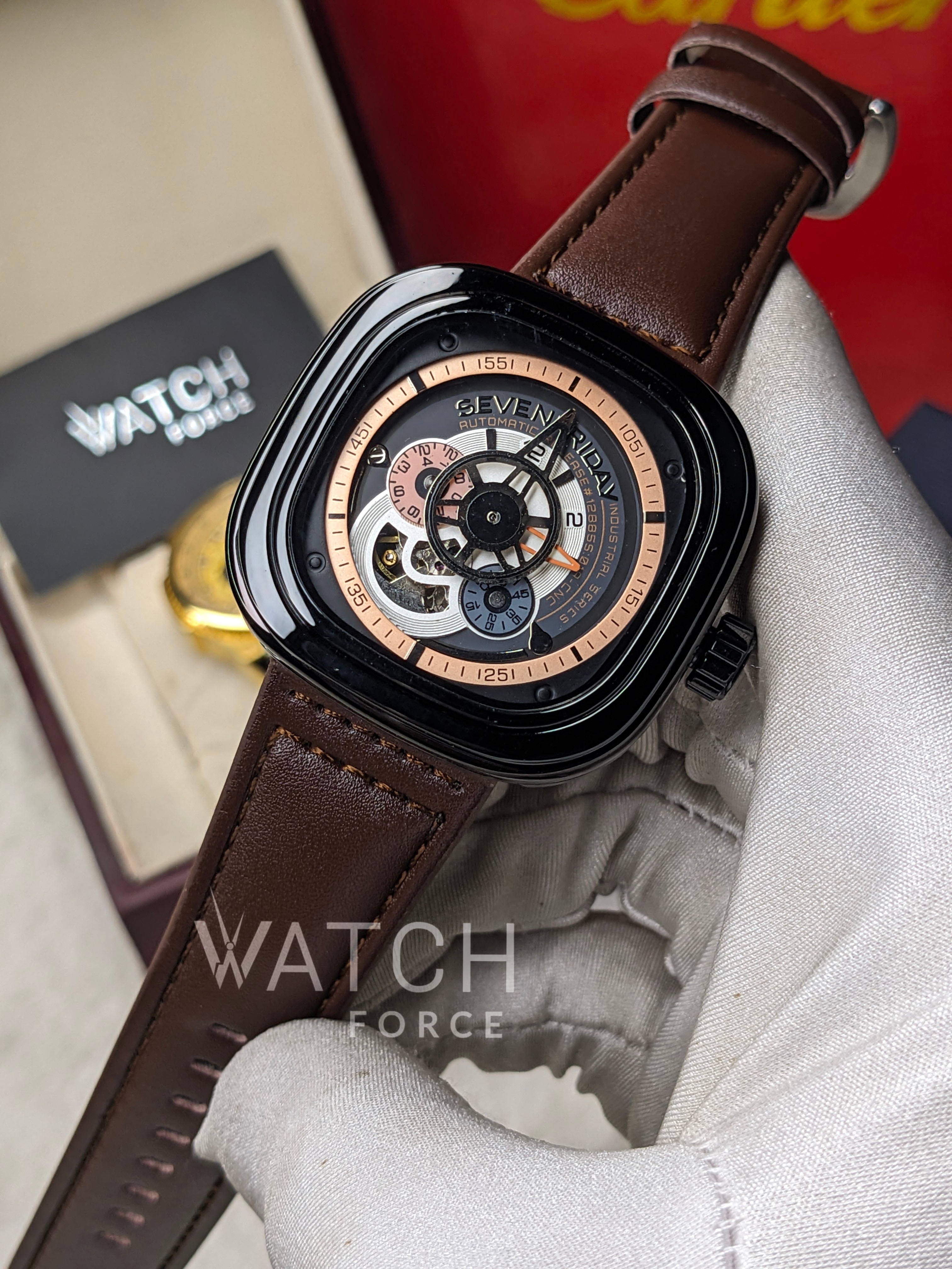 Seven Friday mechanical Watch Black Body Brown belt