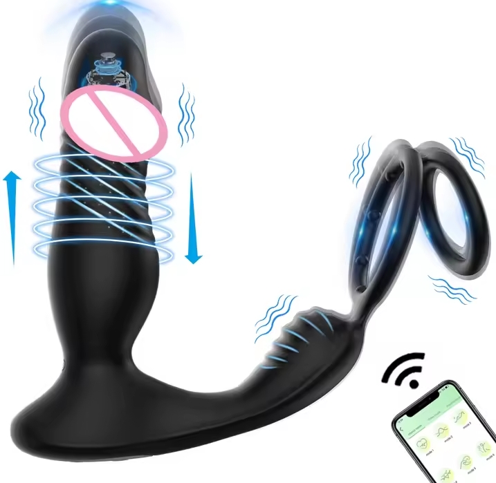 Thrusting Anal Vibrator App Control Prostate Massager with 2 Cock Ring Anal Plug 10 Modes Dildo Butt Plug Adult Sex Toys for Men