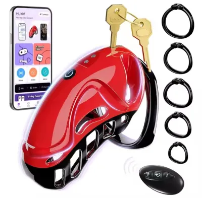New Vibrating Chastity Cage with Five Sized Rings Male Penis CB Lock Sissy Abstinence Restraint Cock Cage Adult Sex Toys for Men_img_0