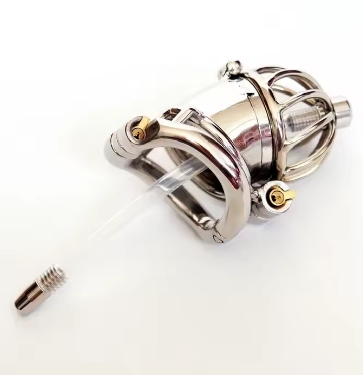 Double Lock Chastity Cage with Urethral Catheter Stainless Steel Male Chastity Devices Sex Toys for Men Penis Lock Cock Ringh
