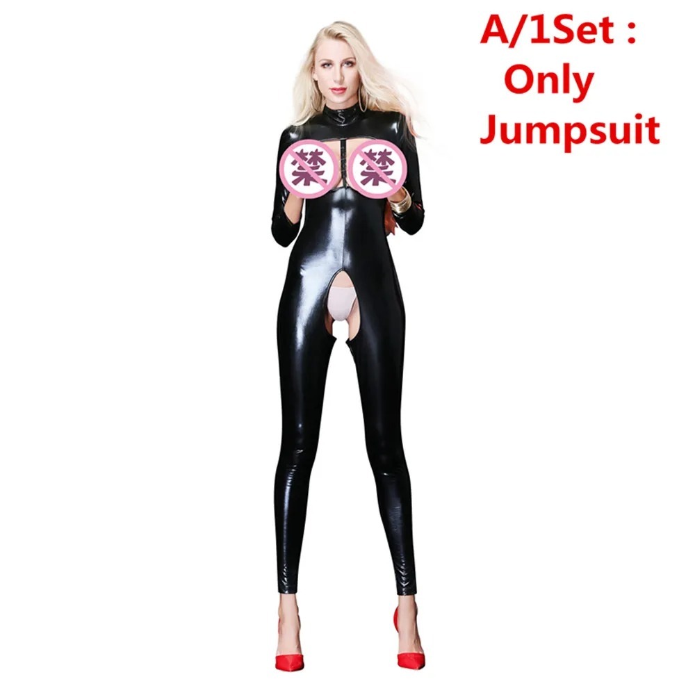 Sexy Faux Leather Catsuit Latex Bodysuit Women Lingerie Breast Exposing Open Crotch Jumpsuits Plus Size Stretch Erotic Costumes_img_1