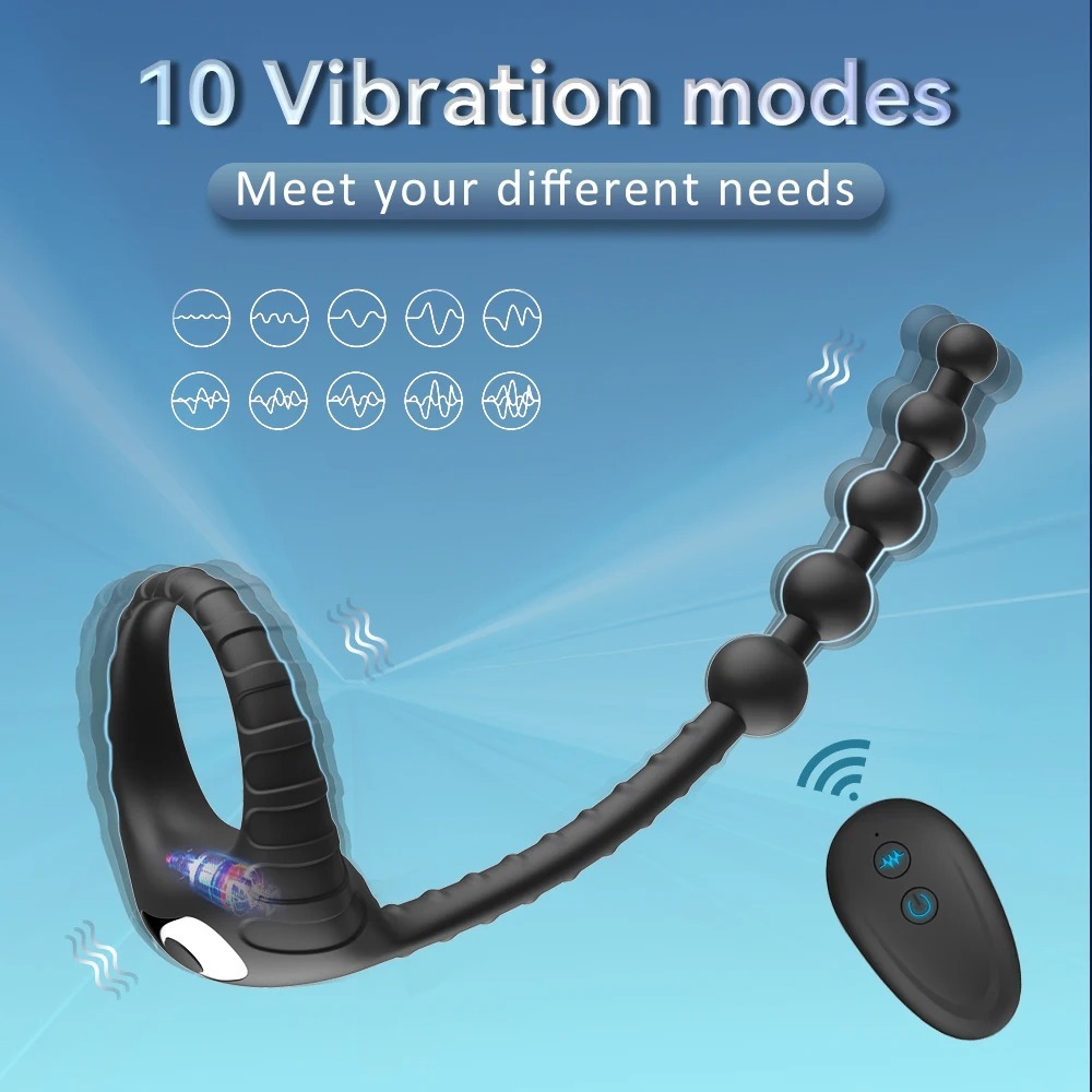 Cock Ring Vibrator with Anal Beads Butt Plug 10 Vibration Remote Controlled Anal Plug Prostate Massager Couples Sex Toy for Man_img_4