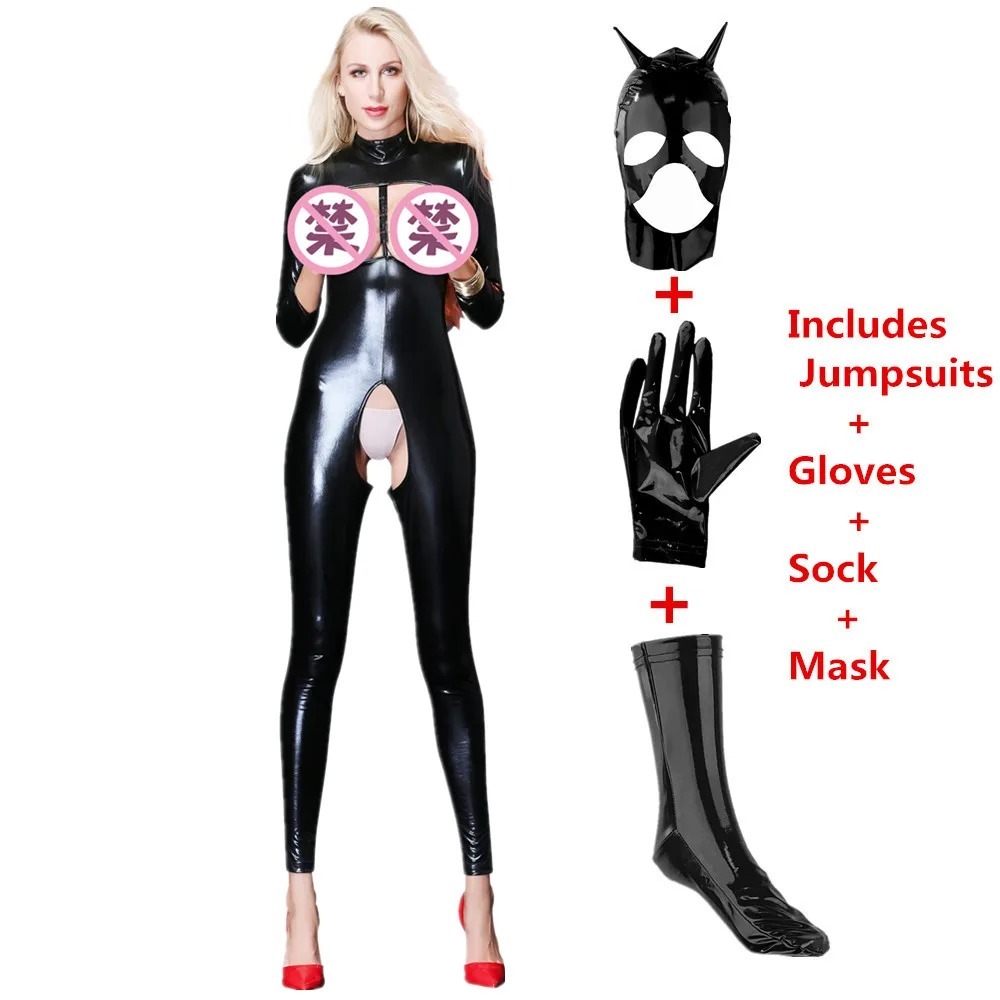 Sexy Faux Leather Catsuit Latex Bodysuit Women Lingerie Breast Exposing Open Crotch Jumpsuits Plus Size Stretch Erotic Costumes_img_3