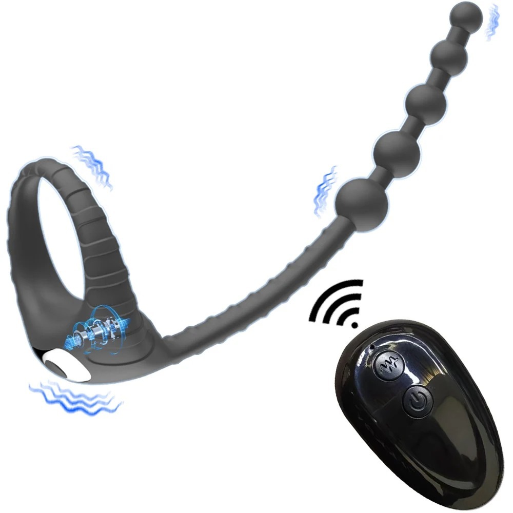 Cock Ring Vibrator with Anal Beads Butt Plug 10 Vibration Remote Controlled Anal Plug Prostate Massager Couples Sex Toy for Man