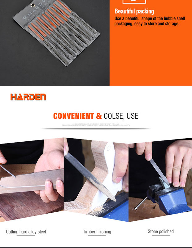 HARDEN 610622 10pcs Needle Files Set ( 4x160mm), Professional tools, (Hand, Half Round, Square, Tri Square &  Round); Model: 610622_img_6