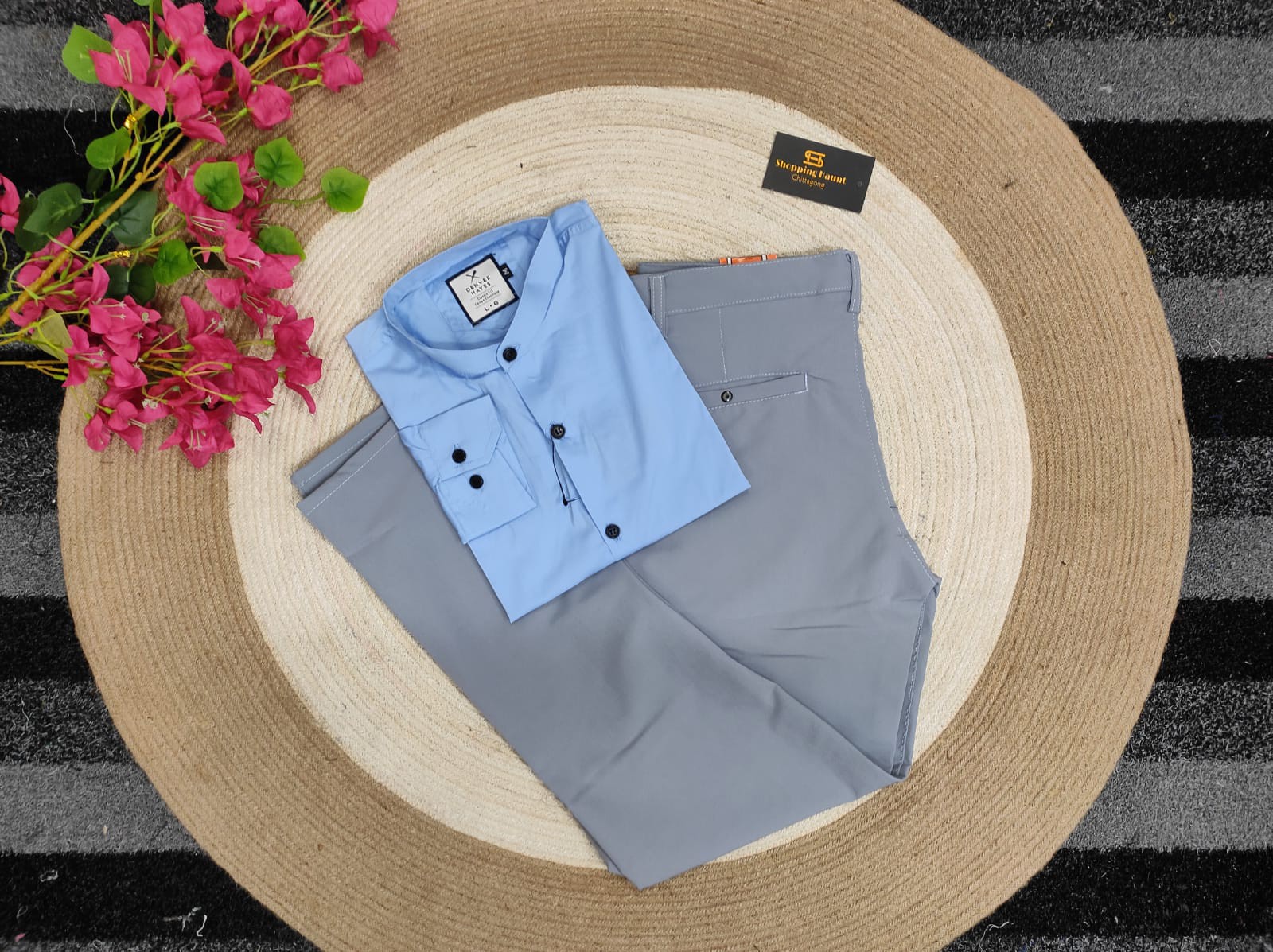 Band collar sky shirt with Ash formal Pant