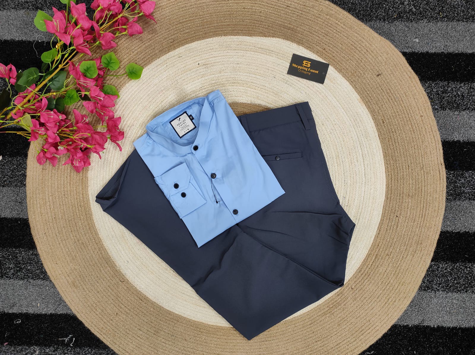 Band collar sky shirt with nevy formal pant combo