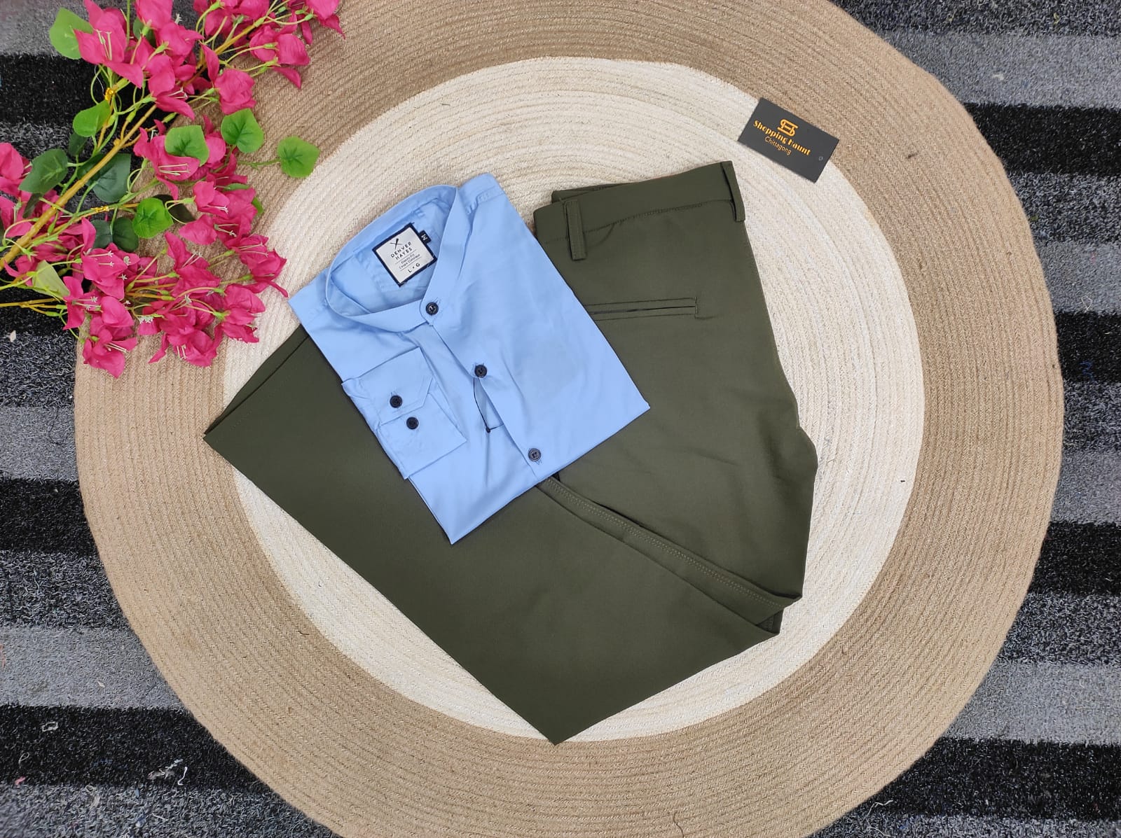 Band collar sky shirt with olive formal pant combo