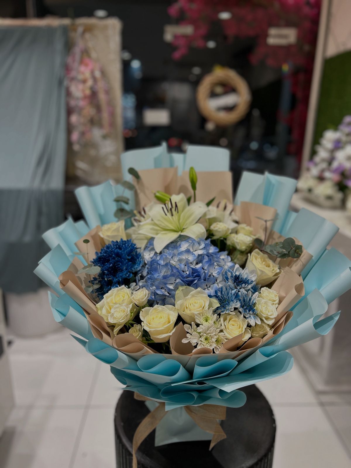 Blue and white flowers stunning bouquet