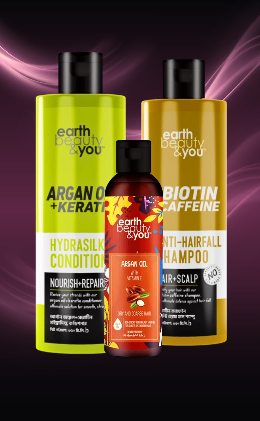 Earth Beauty & You Argan Oil+ Keratin Hydrasilk Conditioner 350ml ,Argan Oil 100 ml, Biotin Caffeine Anti-Hairfall Shampoo 350ml (COMBO)