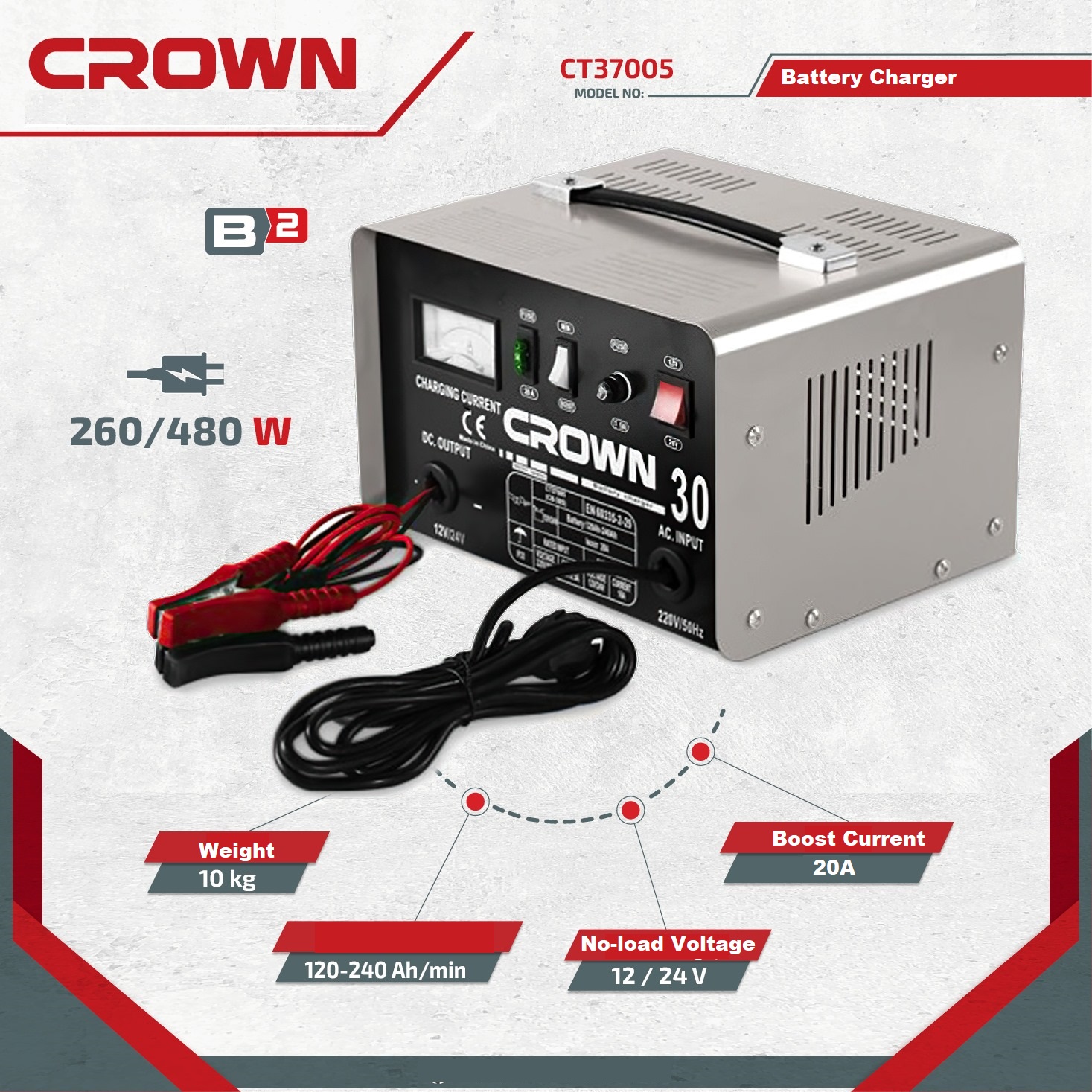 CROWN CT37005 Battery Charger, 12/24V, 16A, 260W - 480W, Charging Capacity : 120-240Ah; CT37005_img_1