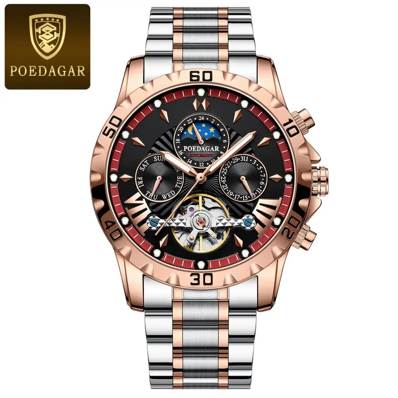 POEDAGAR 1410 Luxury Tourbillon Mechanical Watch for Men Waterproof Luminous Date Week Stainless Steel Hollow Watches Men’s Clock
