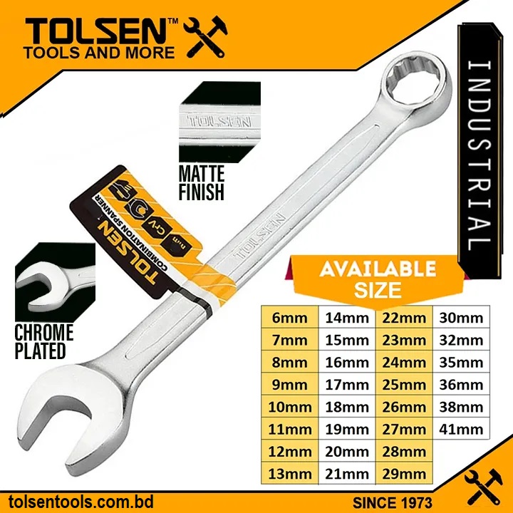 TOLSEN Combination Spanner (Industrial), Metric Sizes 6mm to 41mm, Cr-V Steel | Chrome Plated | DIN3113 | Matt Finish | Model: 15814 to 15843
