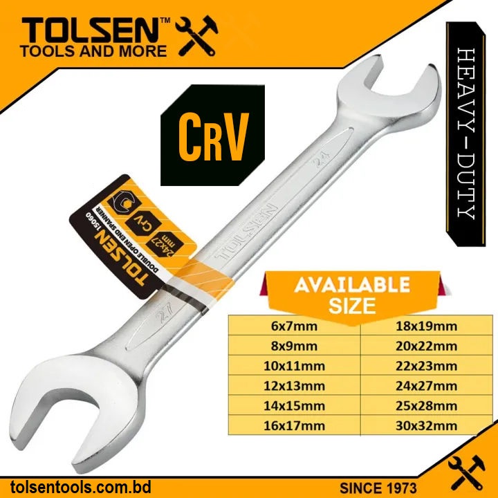 TOLSEN Double Open End Spanner (Metric) | Sizes 6×7 to 30×32mm | Cr-V Steel | Chrome Plated | DIN3110 | Matt Finish | Models: 15851 to 15862