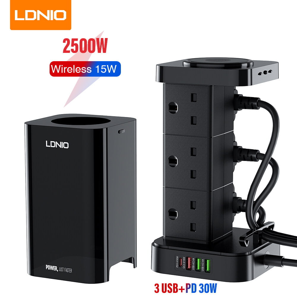 LDNIO SKW6457 6 Outlet USB Tower Extension Power Socket With 15W Wireless Charger_img_0