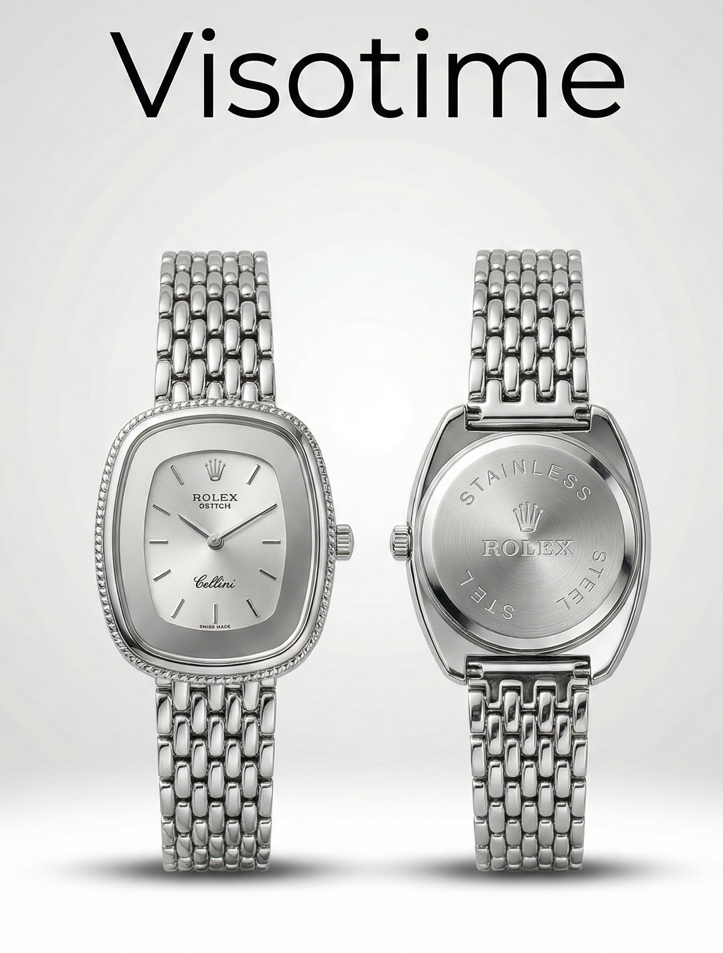 Rolex Cellini Stainless Steel Cushion Case Watch with Silver Dial and Multi-Link Bracelet