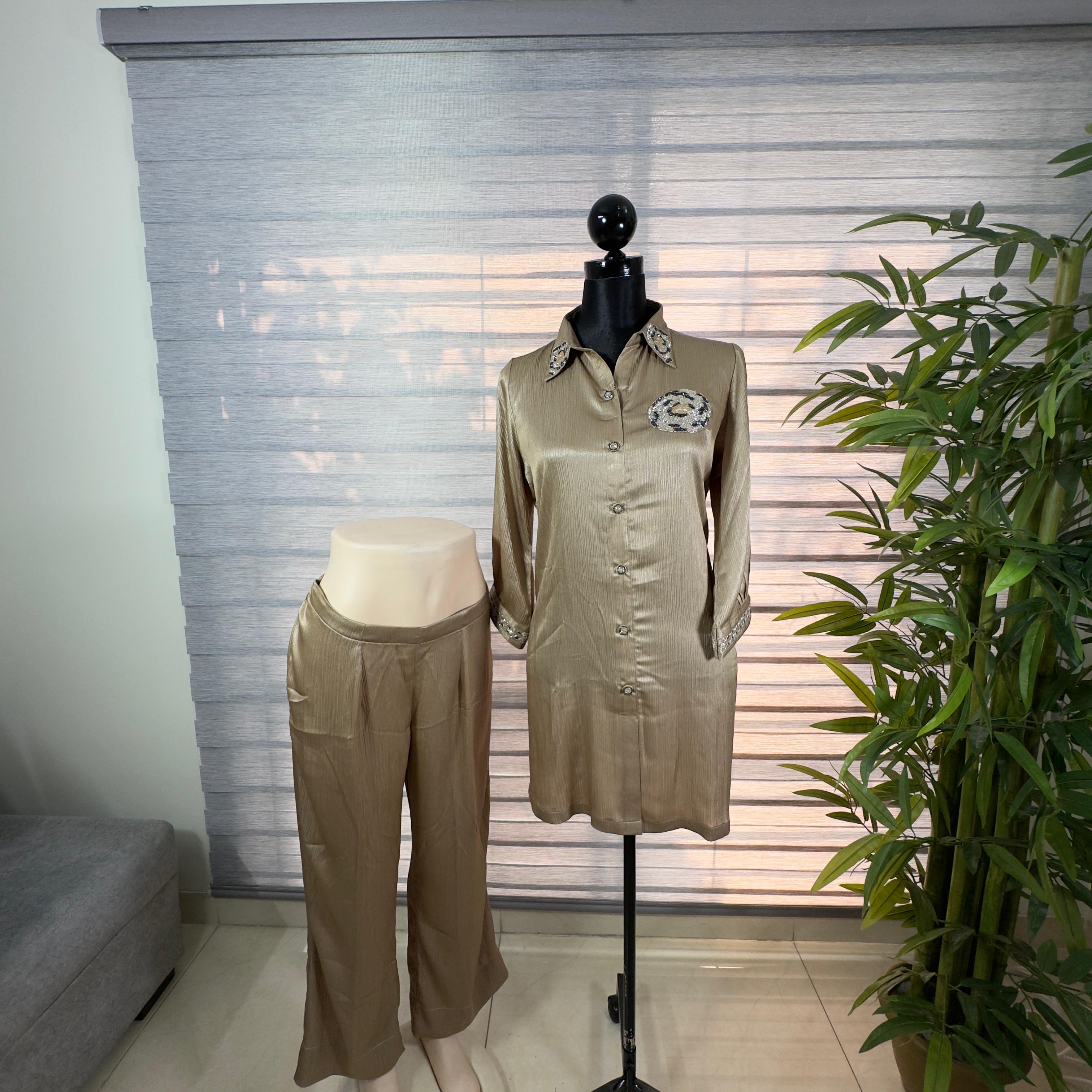 Golden Beige Embroidered Luxe Cord Set - Image 3