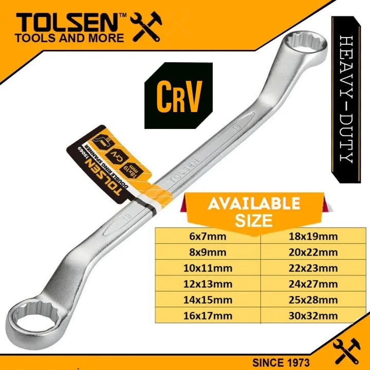 TOLSEN Double Ring Spanner (Metric) | Sizes 6×7 to 30×32mm | Cr-V Steel | Chrome Plated | DIN838 | Satin Finish | Models: 15871 to 15882