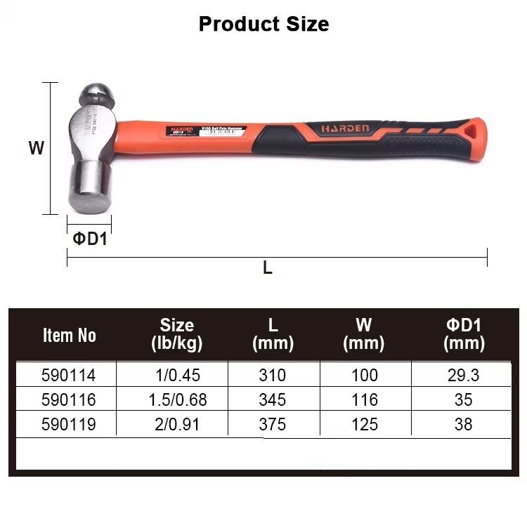 HARDEN Ball Pein Hammer ( 1.0 Lbs | 1.5Lb | 2.0 Lbs ), With Fiberglass Handle; 590114 | 590116 | 590119_img_1