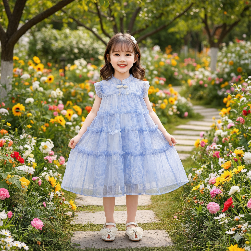 Kids Girls Summer Party Dress – Blue Tie-Dye Ruffle Gown ( 2 to 6 years)