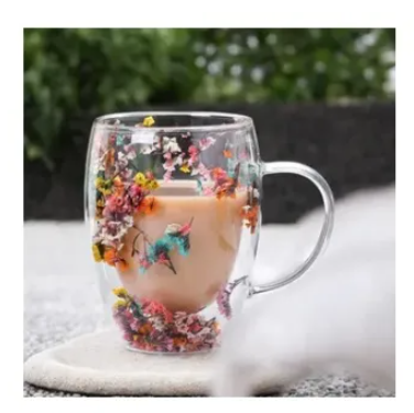 Glitter Flower Mug - 300ml Borosilicate Glass, Double Wall, Heat Resistant, Fireproof, Lightweight. Perfect for Coffee, Milk, Juice. Sea Snail and Conch Fillings. Ideal Gift (1pc)
