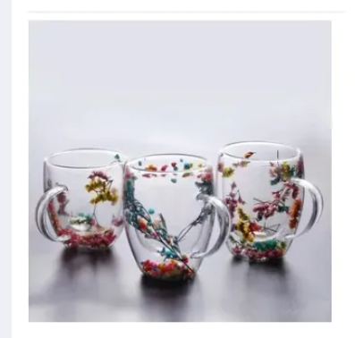 Glitter Flower Mug - 300ml Borosilicate Glass, Double Wall, Heat Resistant, Fireproof, Lightweight. Perfect for Coffee, Milk, Juice. Sea Snail and Conch Fillings. Ideal Gift (1pc)_img_1