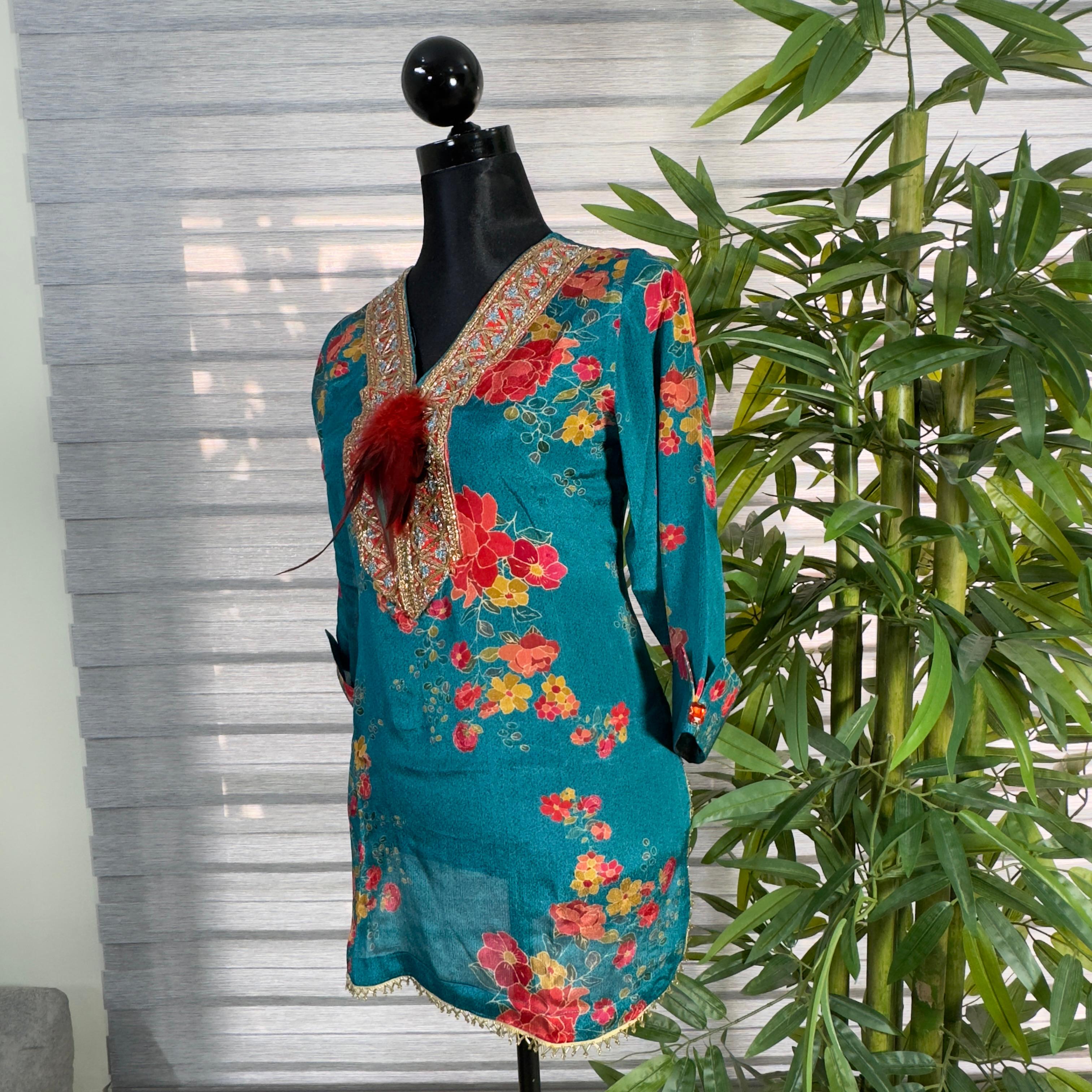 Emerald Bloom Embroidered Floral Kurti - Image 1