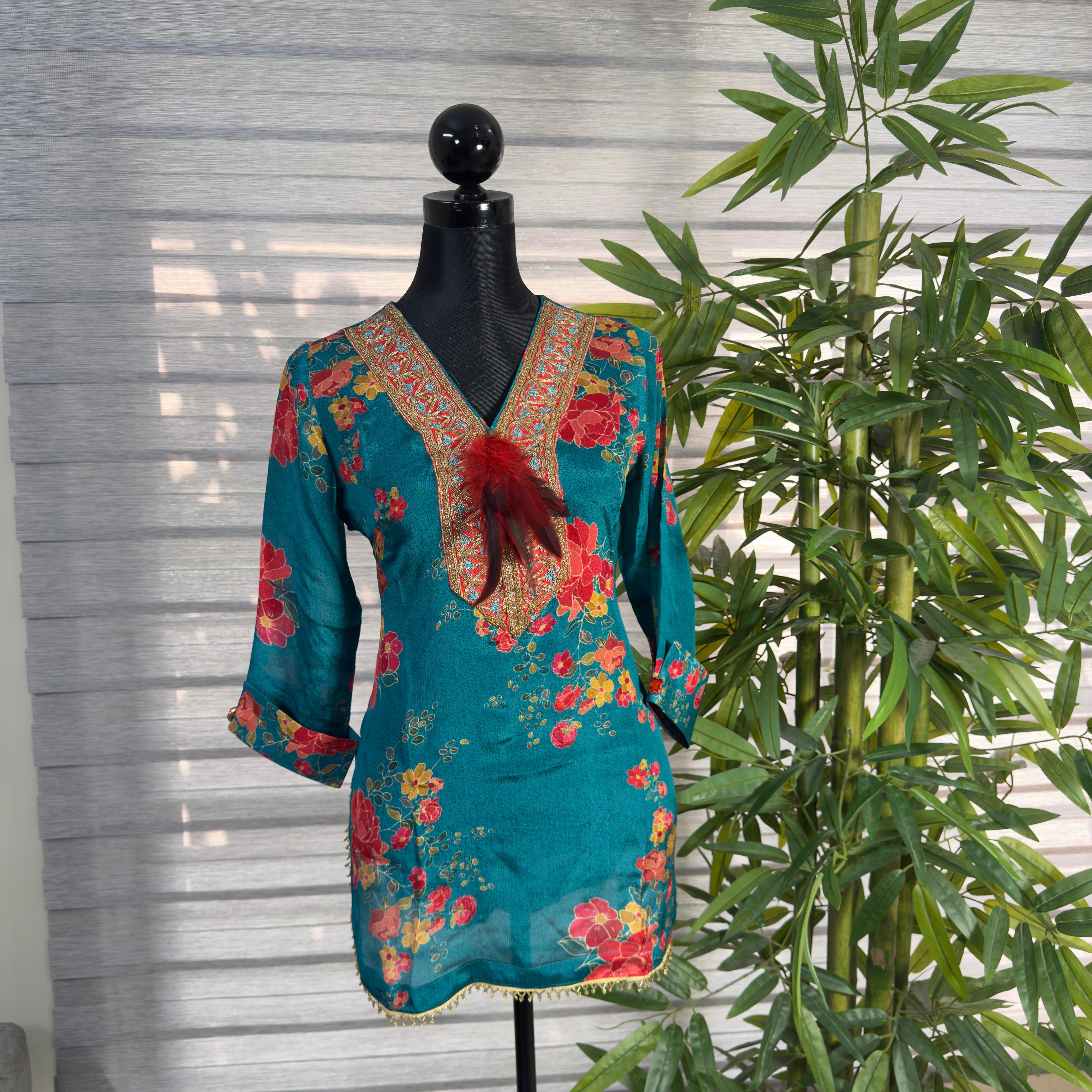 Emerald Bloom Embroidered Floral Kurti - Image 2