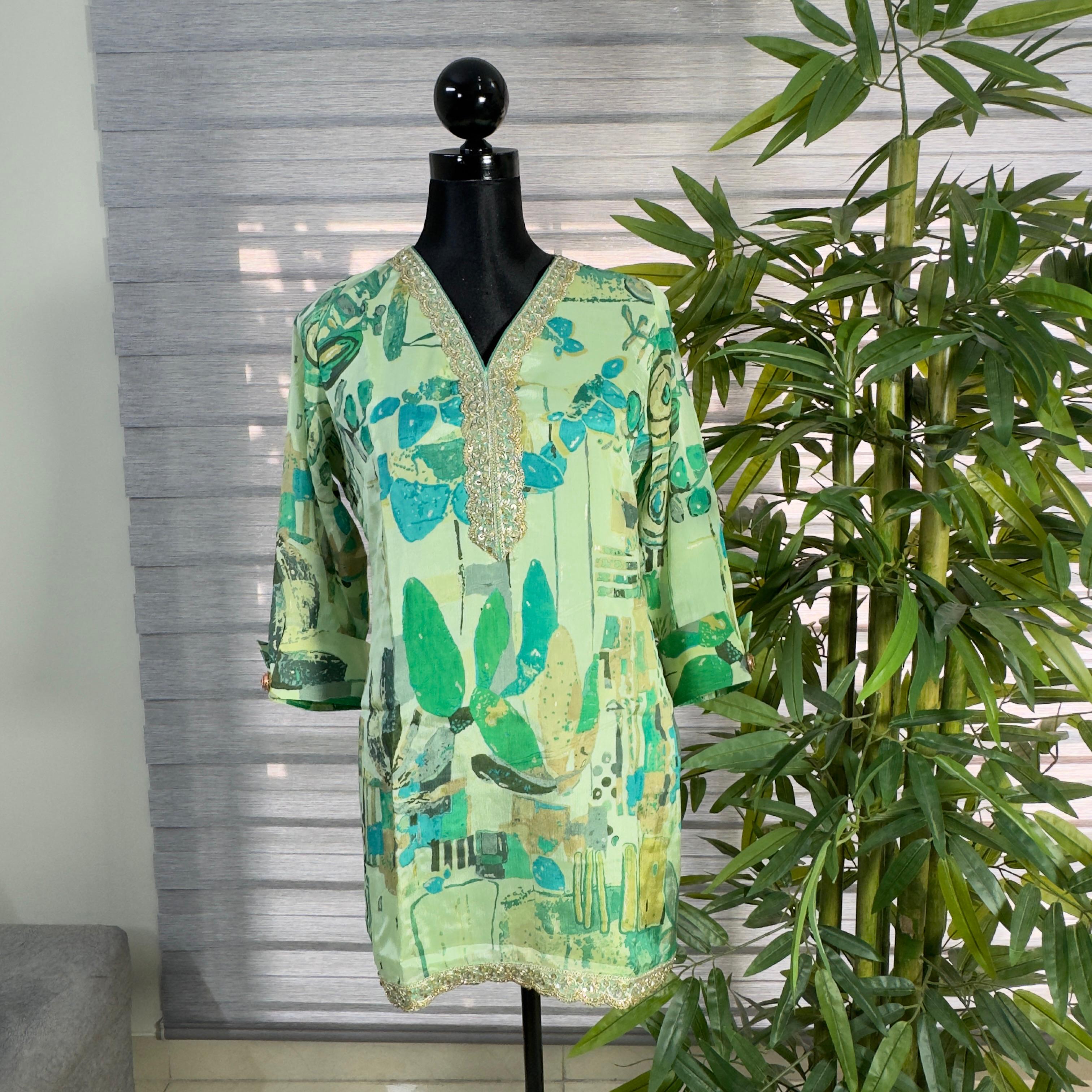 Mint Meadow Embroidered Abstract Kurti - Image 1