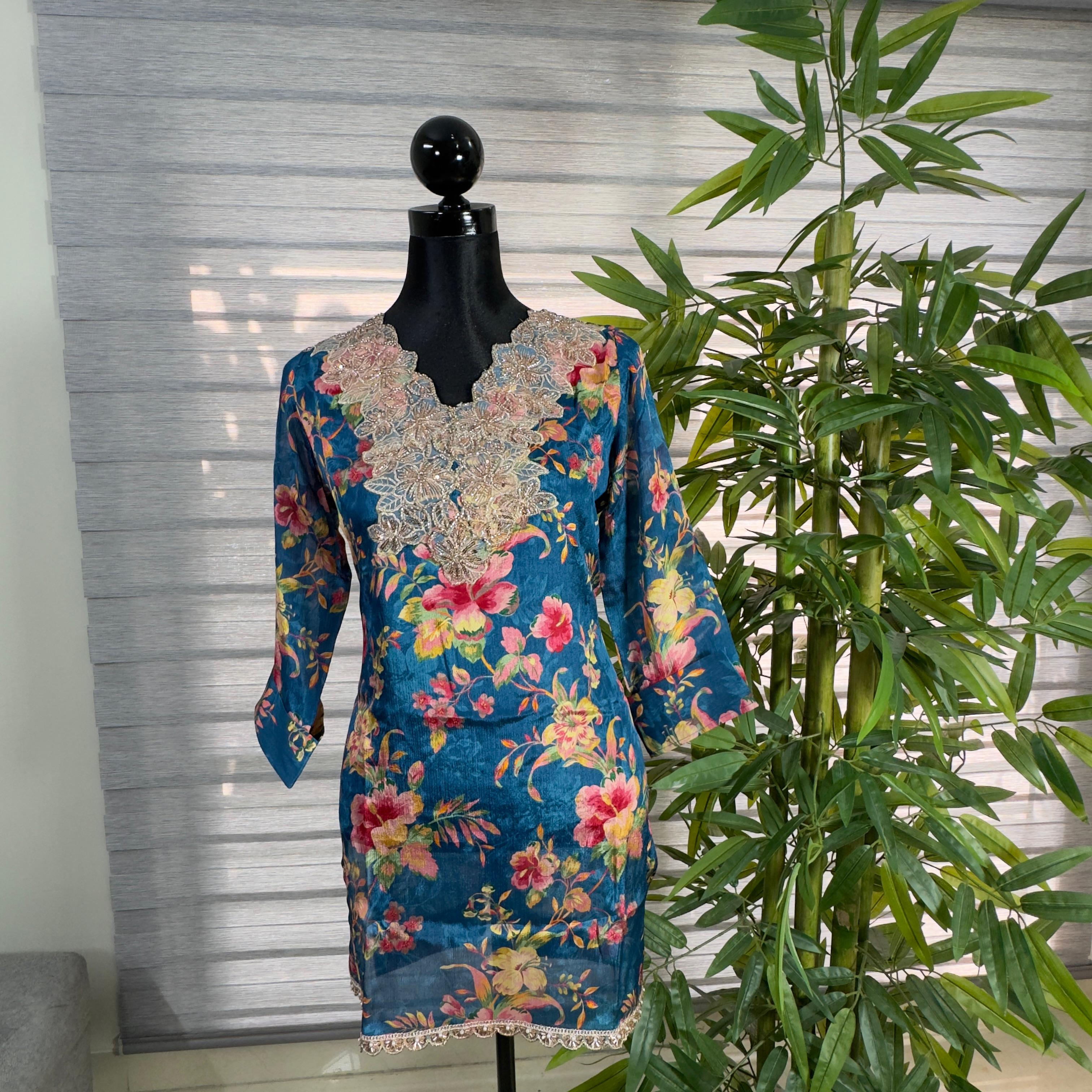 Royal Bloom Navy Blue Embroidered Floral Kurti - Image 1