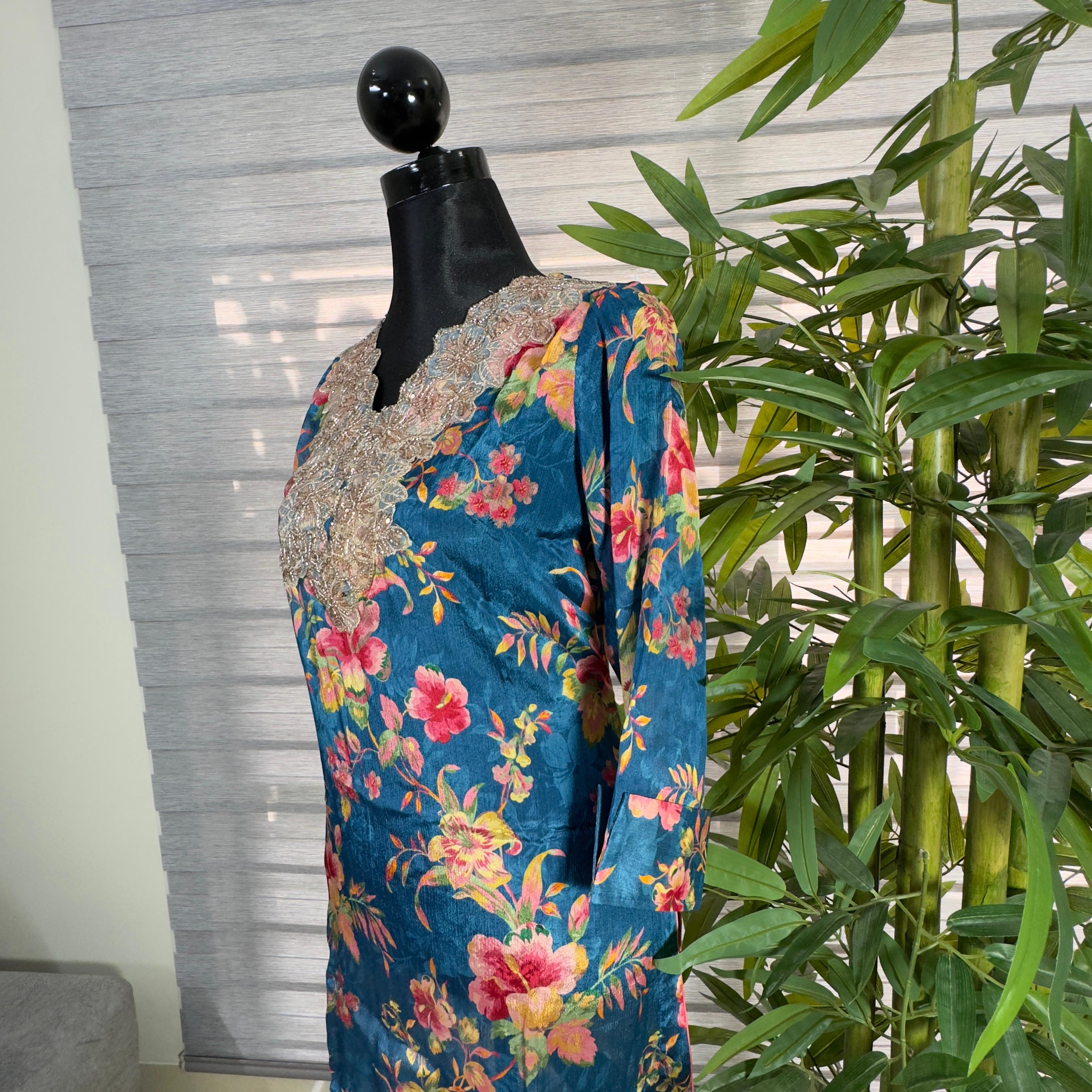 Royal Bloom Navy Blue Embroidered Floral Kurti - Image 2