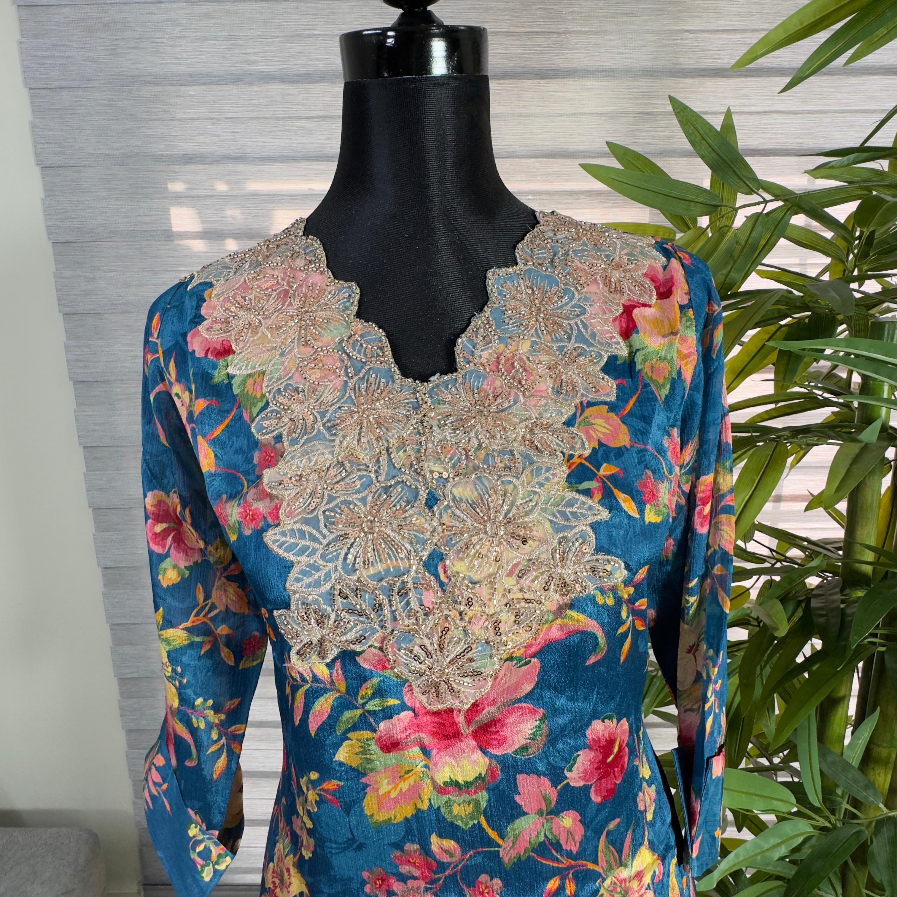 Royal Bloom Navy Blue Embroidered Floral Kurti - Image 3