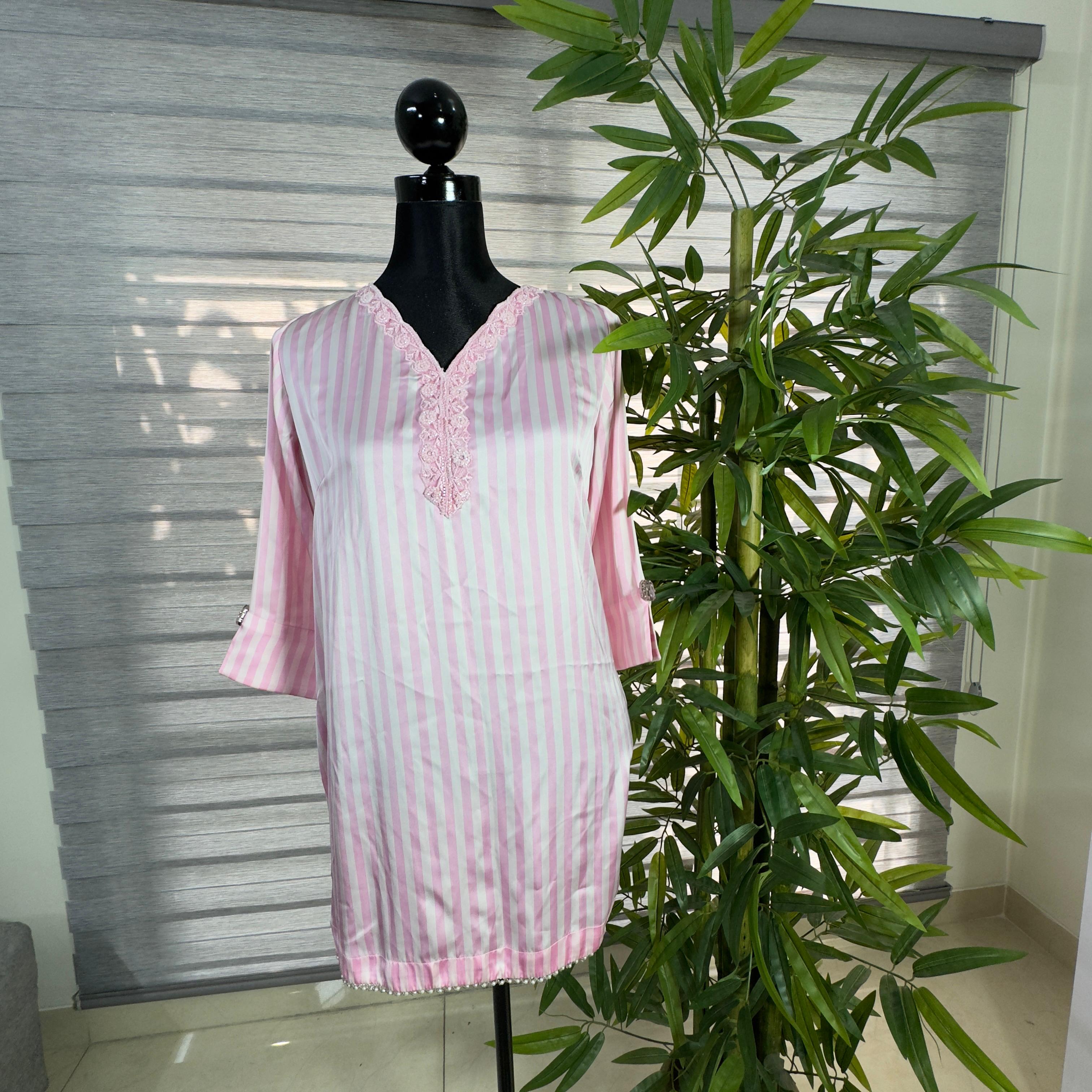 Blush Elegance Pink Striped Embroidered Kurti - Image 1