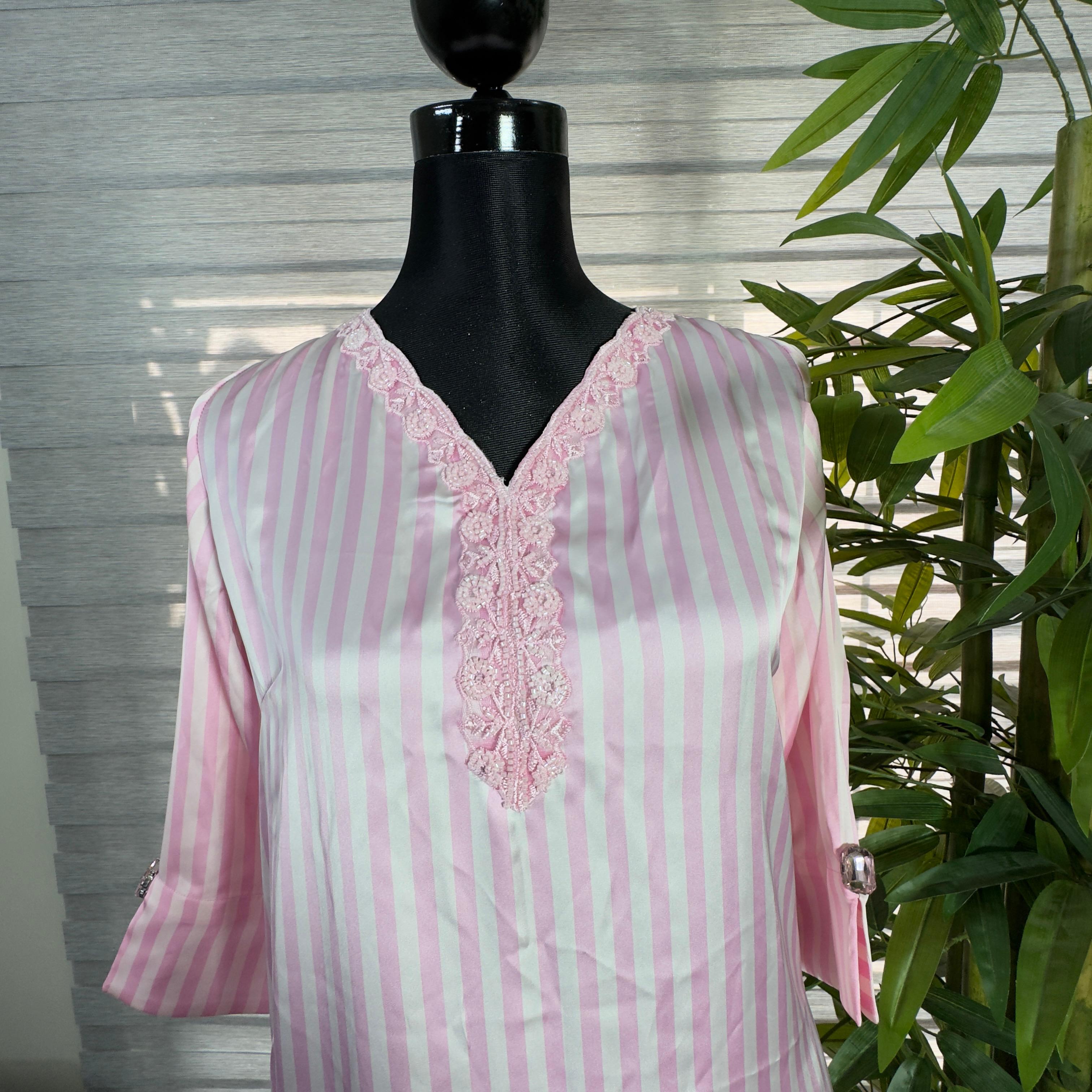 Blush Elegance Pink Striped Embroidered Kurti - Image 2