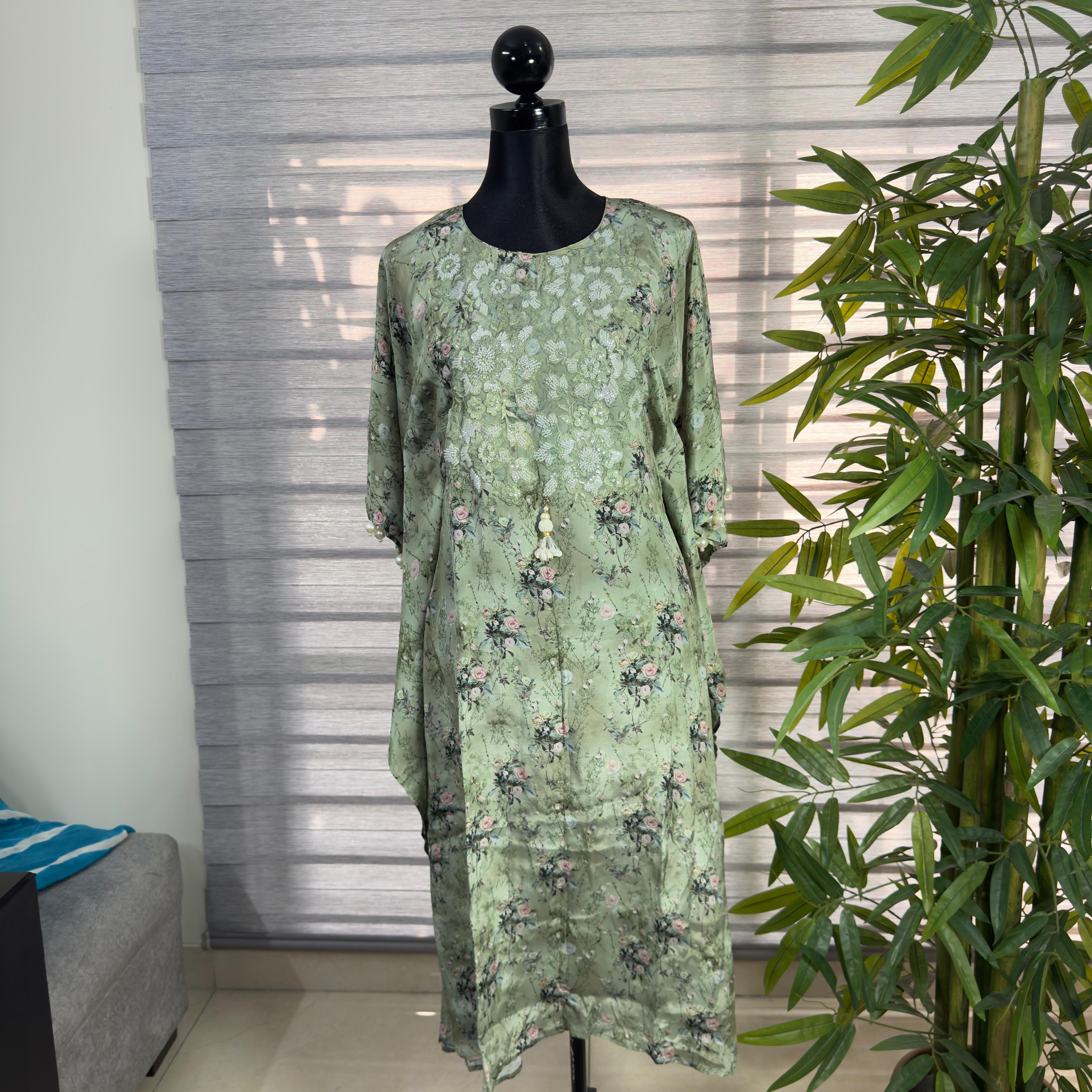 Elegant Sage Green Floral Printed Silk Kurti - Image 1