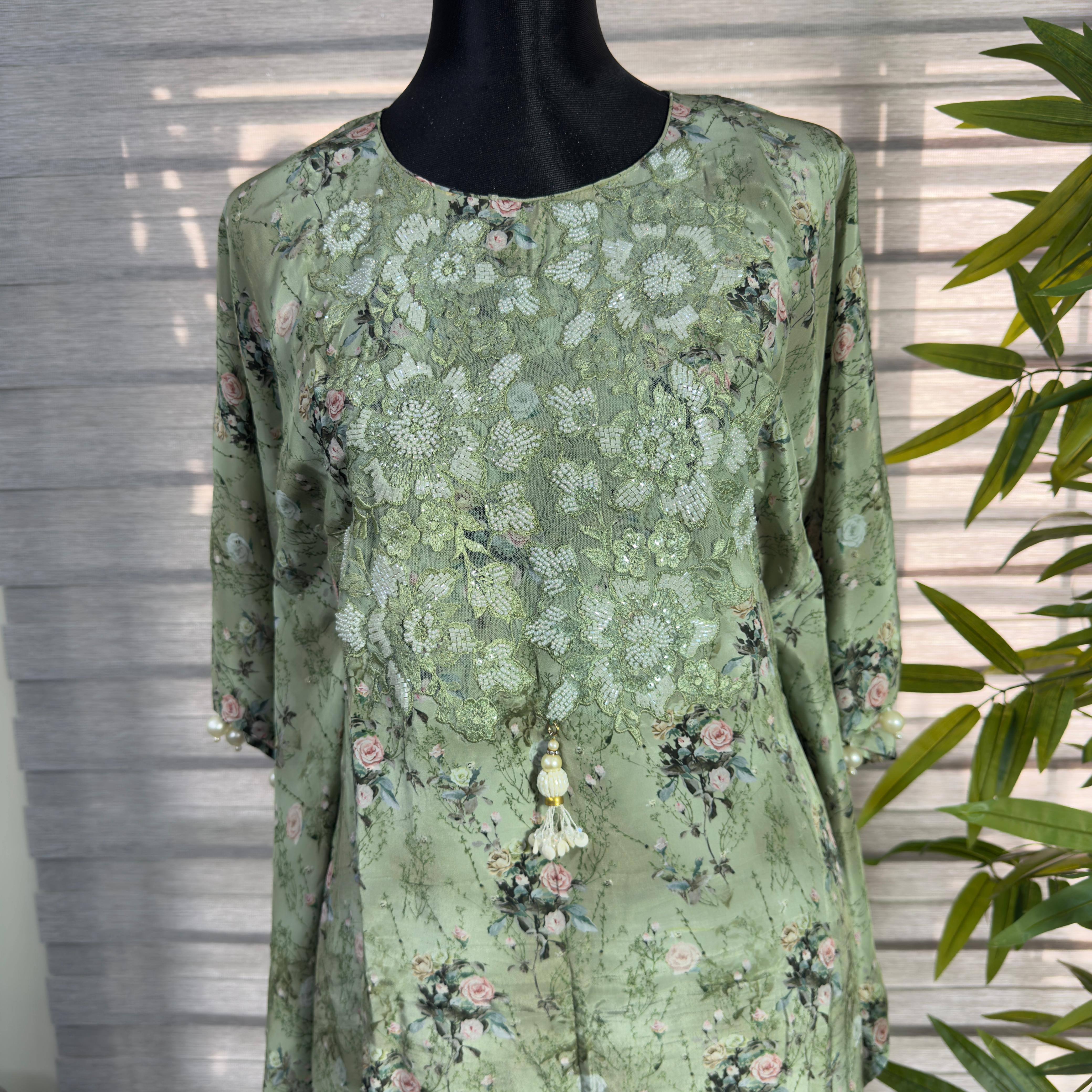 Elegant Sage Green Floral Printed Silk Kurti - Image 2
